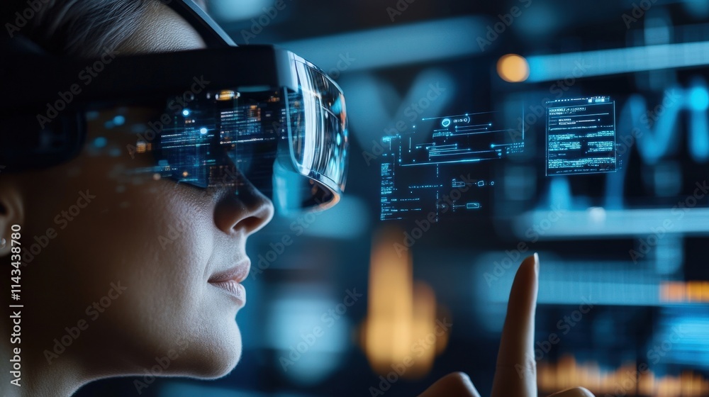 Woman Using Augmented Reality Glasses to Interact with Digital Interface, Engaged in High-Tech Virtual Experience for Innovation and Technology Advancement Woman Using Augmented Reality Glasses to Interact with Digital Interface, Engaged in High-Tech Virtual Experience for Innovation and Technology Advancement