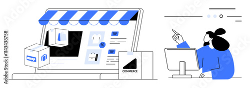 Online shopping website with product listings, shopping cart, and delivery boxes woman browsing on desktop PC. Ideal for e-commerce, online shopping, retail, digital marketing, web design, user