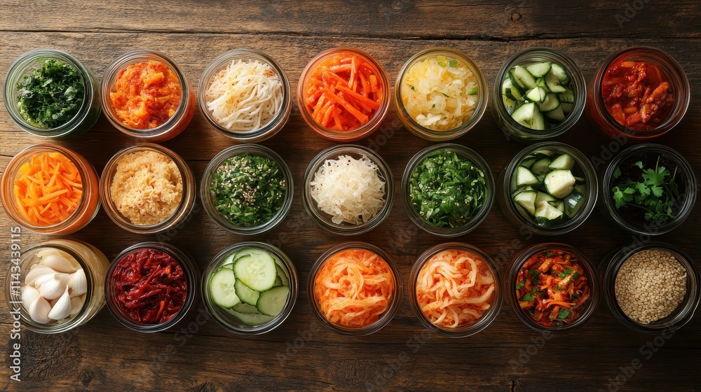 A variety of fermented and marinated foods on a wooden background, copyspace. Glass jars contain fermented vegetables, sauerkraut, peppers, garlic, beetroot, Korean carrots, and cucumber kimchi. A variety of fermented and marinated foods on a wooden background, copyspace. Glass jars contain fermented vegetables, sauerkraut, peppers, garlic, beetroot, Korean carrots, and cucumber kimchi.