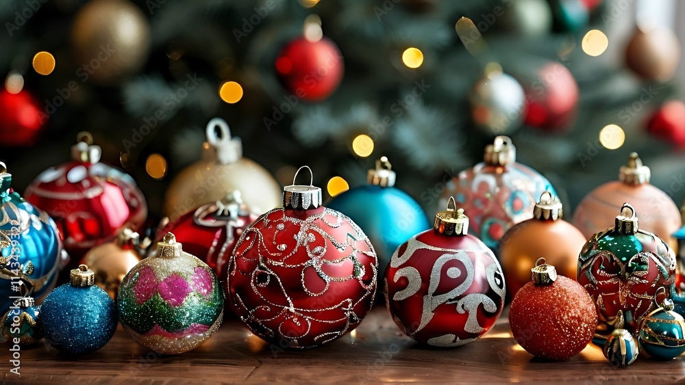 Christmas tree decorated with shiny red and gold baubles hanging among festive ornaments Christmas tree decorated with shiny red and gold baubles hanging among festive ornaments
