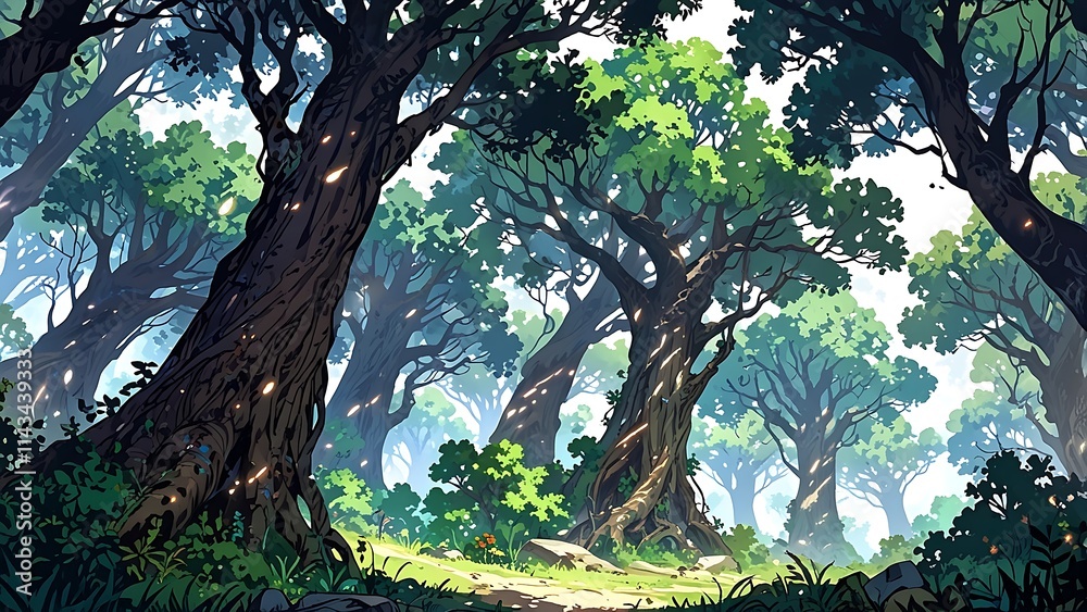 Fototapeta premium A vibrant forest scene with lush greenery and dappled sunlight filtering through the trees.