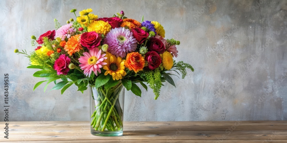 Freshly cut mixed bouquet of colorful flowers arranged in a elegant vase, botanical, colorful, botanical Freshly cut mixed bouquet of colorful flowers arranged in a elegant vase, botanical, colorful, botanical