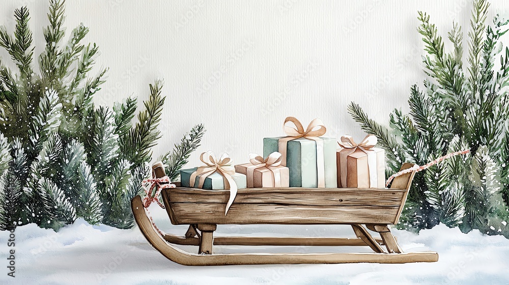 Obraz premium Cozy winter wall art showing a rustic wooden sled with gifts tied in ribbons, surrounded by snowcovered evergreens, painted in pastel hues