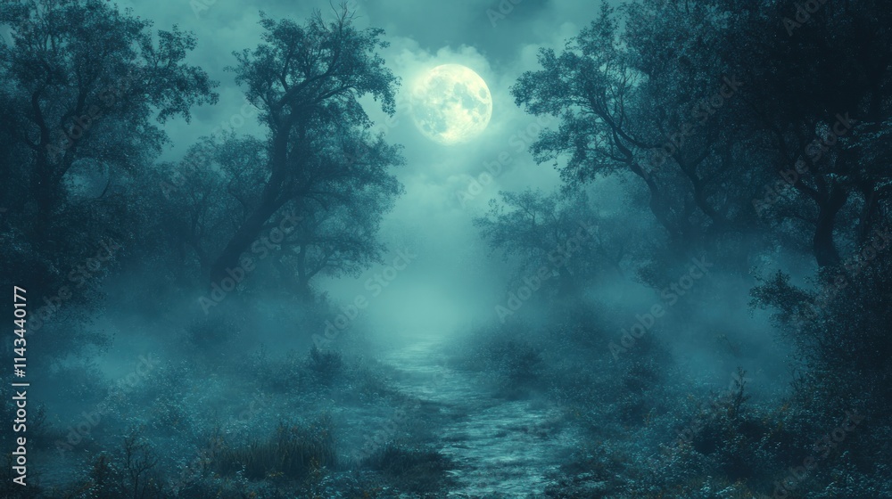 Fototapeta premium Moonlit foggy path through eerie forest.