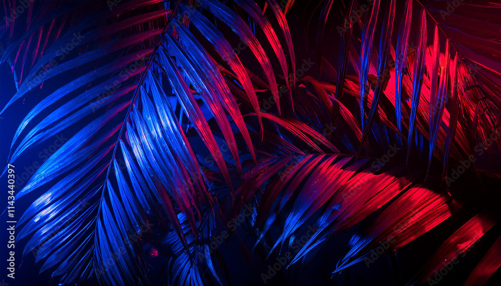 Fototapeta premium Tropical dark trend jungle in neon illuminated lighting. Exotic palms and plants in retro style.