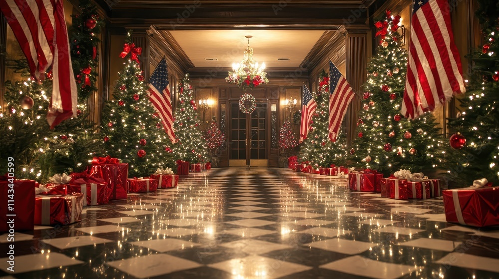 A beautifully decorated space with a patriotic Christmas theme, featuring American flags, Christmas trees, and festive lights. A beautifully decorated space with a patriotic Christmas theme, featuring American flags, Christmas trees, and festive lights.