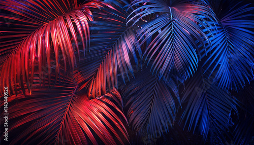 Tropical dark trend jungle in neon illuminated lighting. Exotic palms and plants in retro style.