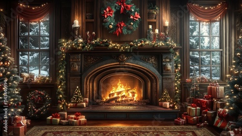 A beautifully decorated living room with a litfireplace chrismas theme christmas fireplace design holiday celebration decoration