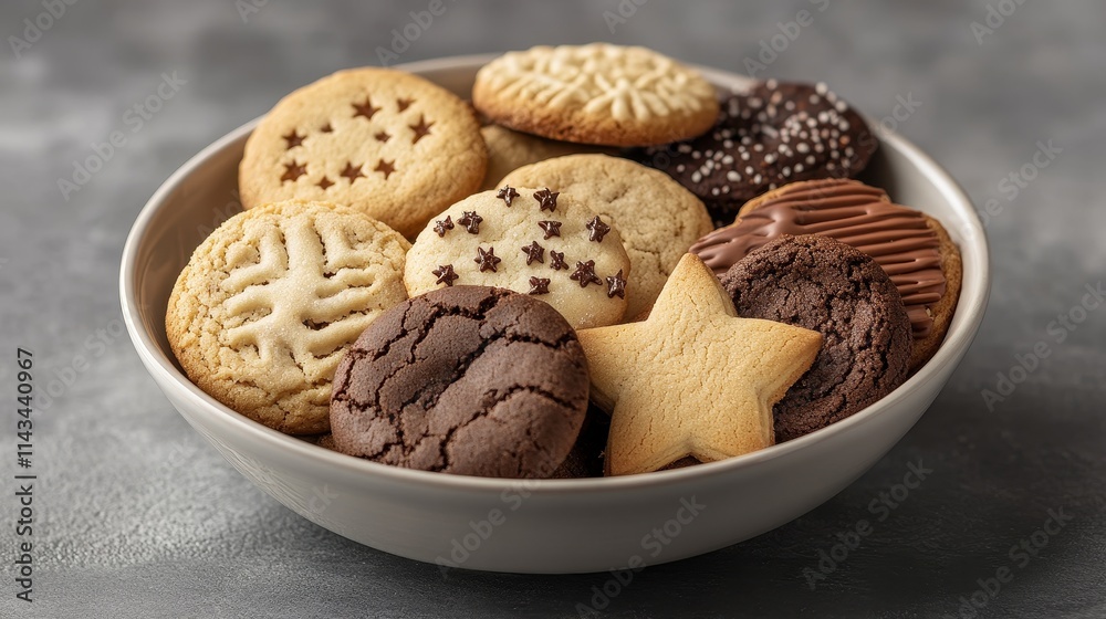A bowl filled with assorted cookies, featuring star-shaped treats on the side. A bowl filled with assorted cookies, featuring star-shaped treats on the side.