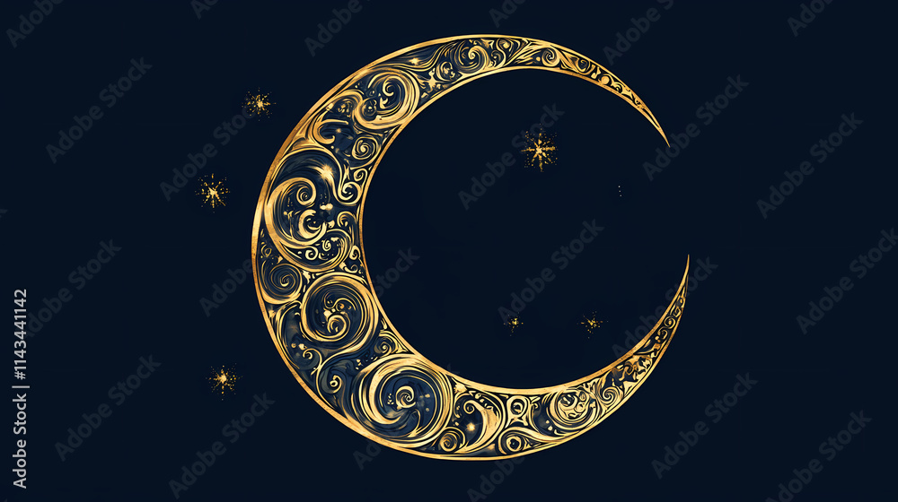 Ornate crescent moon with intricate swirl patterns, combining elegance and mystique in a celestial-inspired artistic creation. Mystique. Illustration Ornate crescent moon with intricate swirl patterns, combining elegance and mystique in a celestial-inspired artistic creation. Mystique. Illustration