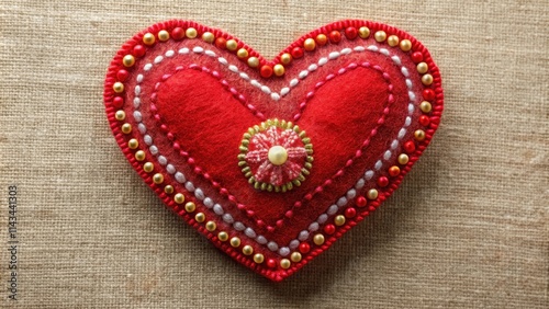 Traditional Red Felt Love Heart with Beaded Embroidery in a Primitive Style, hand-stitched design, traditional folk art