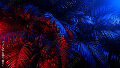 Creative fluorescent color layout made of tropical leaves. Flat lay neon colors. Nature concept.