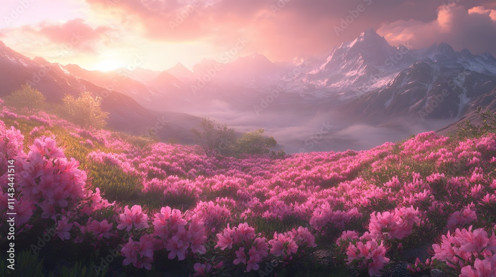 Pink Azalea Blooms Adorn Majestic Mountain Sunrise Pink Azalea Blooms Adorn Majestic Mountain Sunrise