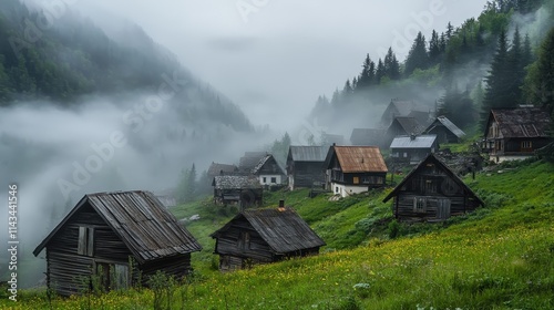 Charming mountain village enveloped in mist, set against lush greenery and scattered wildflowers. Wooden cabins add rustic appeal to this serene alpine landscape. AI generated.