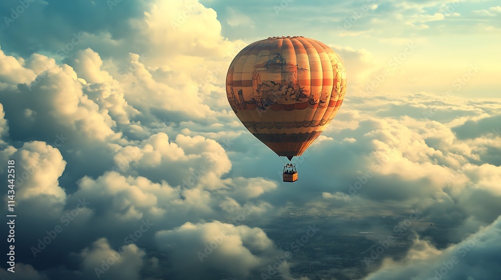 Hot air balloon above clouds at sunrise. Concept of freedom, adventure, and travel.