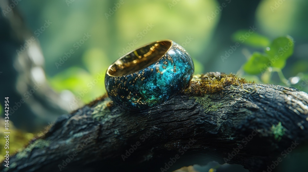 A close-up view of a ring sitting on a tree branch, ideal for use in jewelry or nature-themed designs A close-up view of a ring sitting on a tree branch, ideal for use in jewelry or nature-themed designs