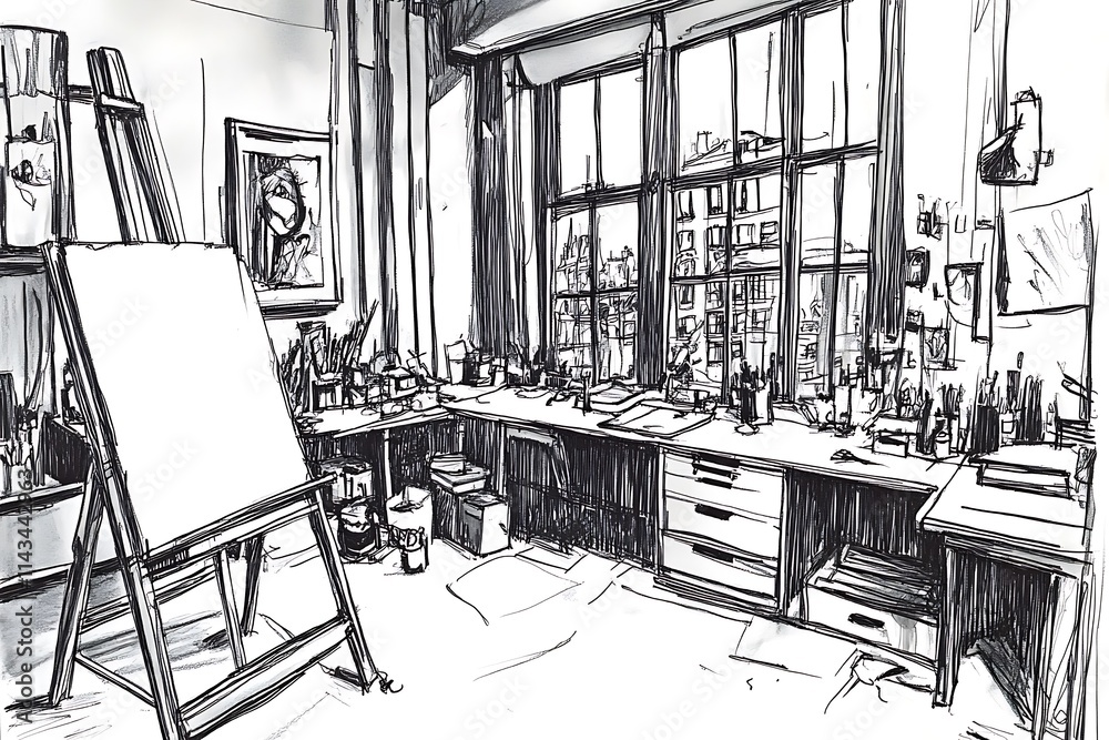 Fototapeta premium Monochrome Sketch of an Artist's Studio with Large Windows Overlooking a Cityscape.