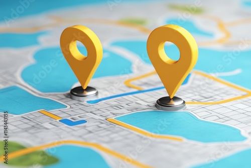 Two Yellow Location Pins on a Map, Marking Points of Interest or Destinations for Navigation.