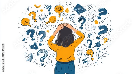 A confused character scratches their head amid a whirlwind of perplexing symbols and question marks, illustrated on a white background.