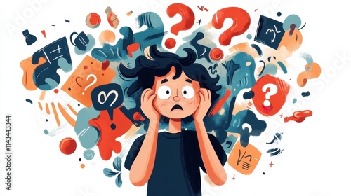 A confused character scratches their head amid a whirlwind of perplexing symbols and question marks, illustrated on a white background.