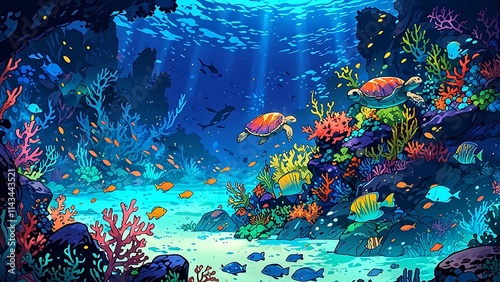 Vibrant underwater scene with turtles, coral, and colorful fish in a lively ocean environment.