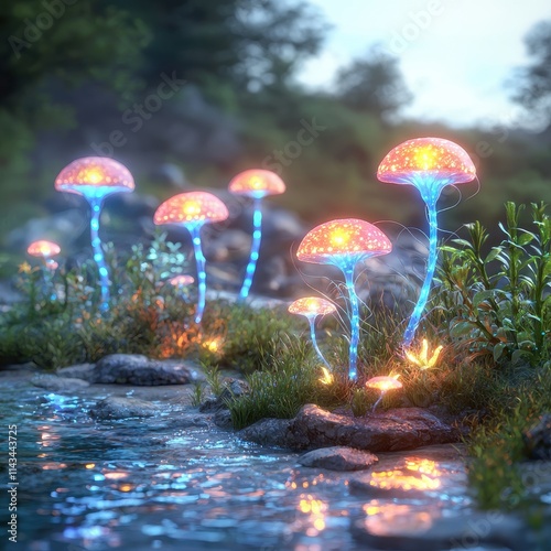 Wallpaper Mural Glowing Mushrooms by Calm Water in Surreal Nature Setting Torontodigital.ca