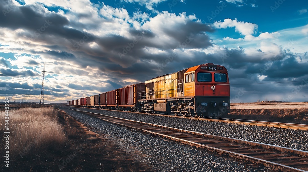 Freight Train on a Track Under Dramatic Sky. Concept of Transportation, Logistics, and Cargo. Freight Train on a Track Under Dramatic Sky. Concept of Transportation, Logistics, and Cargo.