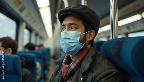 Health. Safety. Pandemic resilience. Public transport, health and safety, social distancing, virus protection, marketing for health campaigns, public awareness.Young man with medical mask riding publi photo