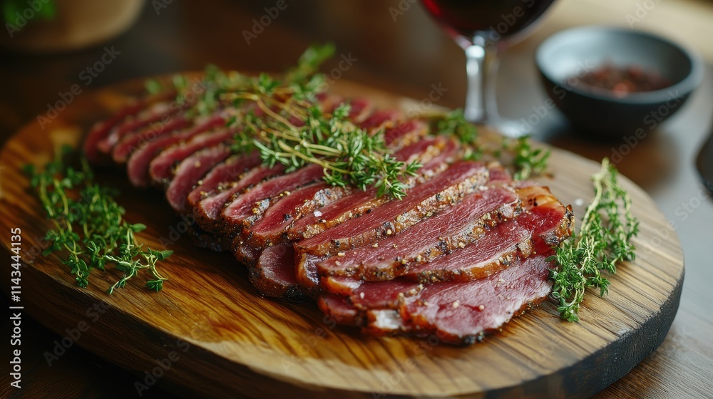 A delicacy sliced smoked meat is arranged on a wooden board with fresh herbs and served alongside a glass of red wine in a moody, rustic setting. A delicacy sliced smoked meat is arranged on a wooden board with fresh herbs and served alongside a glass of red wine in a moody, rustic setting.