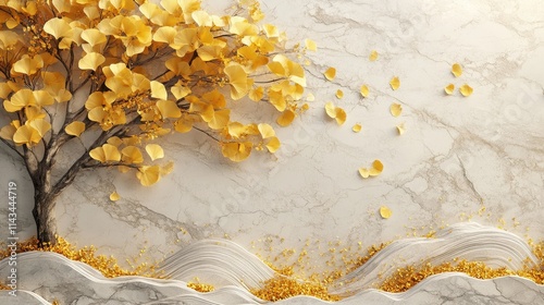 3D illustration of ginko leaves, golden tree, and marble wall decor.