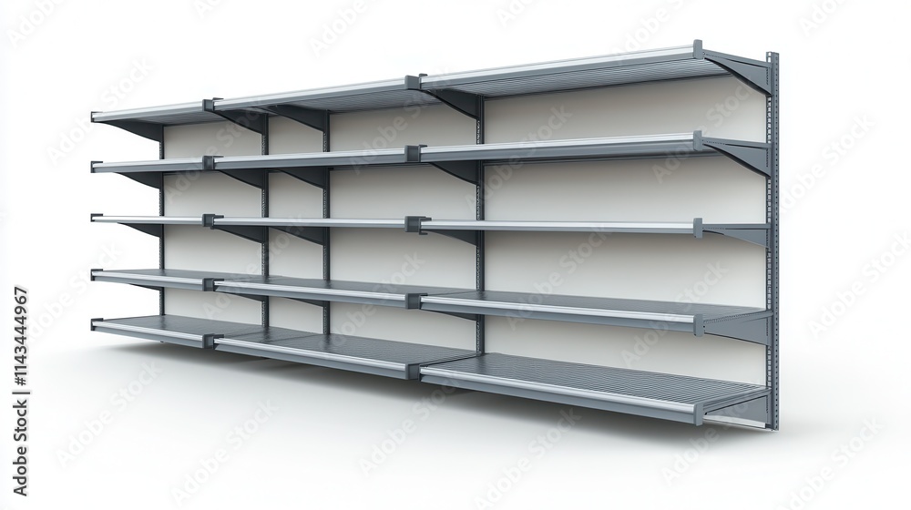 3D image of retail shelving with headers and end caps, isolated on a white background. 3D image of retail shelving with headers and end caps, isolated on a white background.