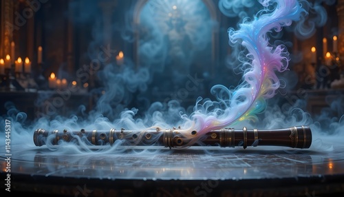 The flute and peacock feathers are side by side on the table and covered in smoke Made by Ai photo