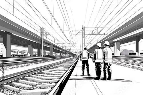 Three Railway Workers Standing on a Platform Beside Train Tracks at a Modern Train Station. photo