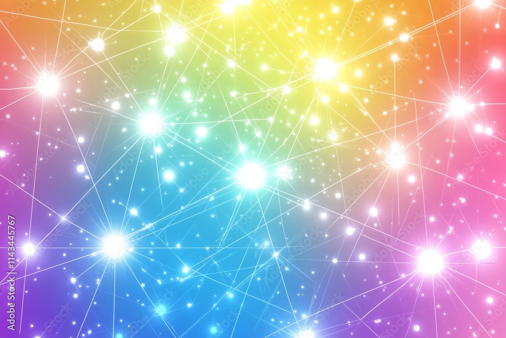 Fototapeta premium Sparkling Star Network on Vibrant Rainbow Background, Nodes of Lights on a Colorful Web