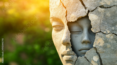 close up of cracked stone statue depicting human face, showcasing intricate details and textures. warm sunlight enhances emotional expression of sculpture