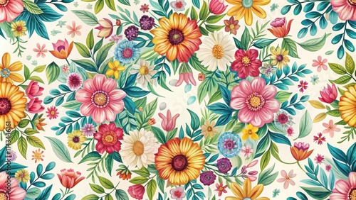 Floral seamless pattern with colorful blooming flowers, foliage and greenery in a circular design, blossoms, botanical