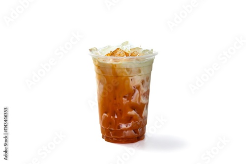 Pictures of Ice Thai tea milk put on white background and and isolate concept.