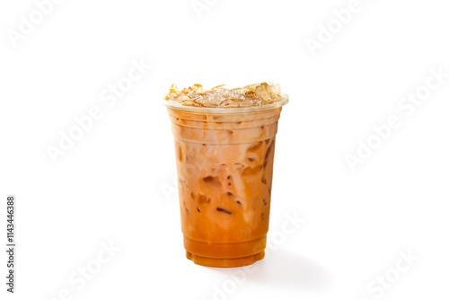 Ready for drink Ice Thai tea milk serving on white background in isolated concept.