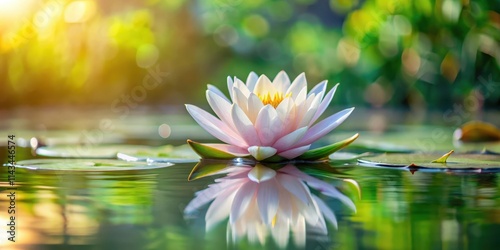 Delicate water lily petals floating on the surface of a serene lake , peaceful, reflection,  peaceful, reflection, water lily
