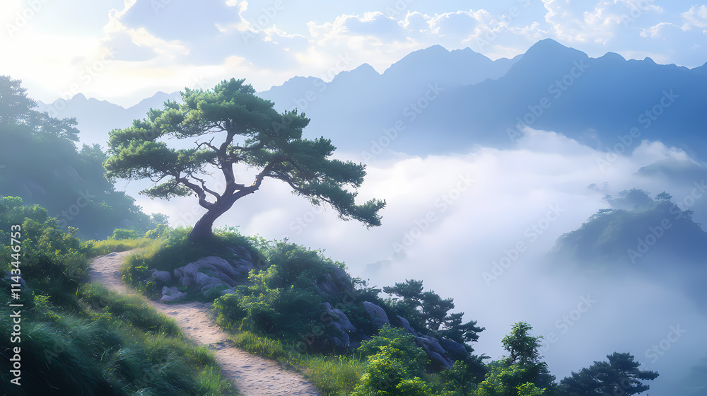 Majestic misty mountain landscape with ancient trees, mist-shrouded peaks, and a winding path, evoking a sense of mystique and adventure in a fantasy world. Mystique. Illustration Majestic misty mountain landscape with ancient trees, mist-shrouded peaks, and a winding path, evoking a sense of mystique and adventure in a fantasy world. Mystique. Illustration