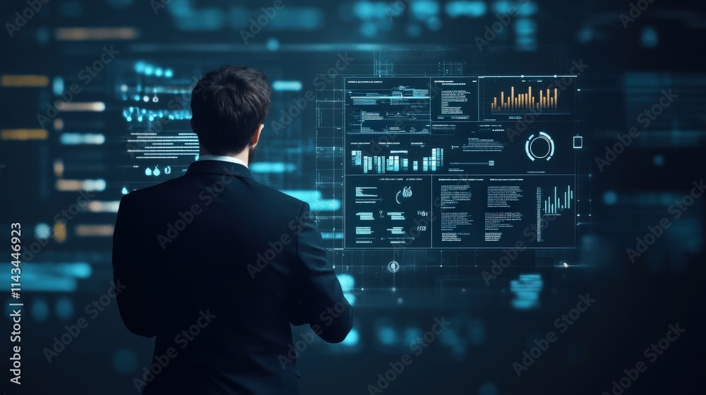 Businessman Analyzing Data on Futuristic Digital Interface with Charts, Graphs, and Statistics in Modern Office Environment for Professional Use Businessman Analyzing Data on Futuristic Digital Interface with Charts, Graphs, and Statistics in Modern Office Environment for Professional Use