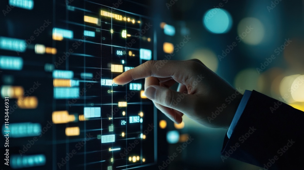 Business Professional Interacting with Virtual Data Visualizations on a Touchscreen Display in a Futuristic Office Setting with Blurred Background Business Professional Interacting with Virtual Data Visualizations on a Touchscreen Display in a Futuristic Office Setting with Blurred Background