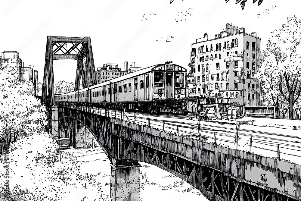 Fototapeta premium Black and White Ink Drawing of a Train Crossing a Bridge in an Urban Setting.