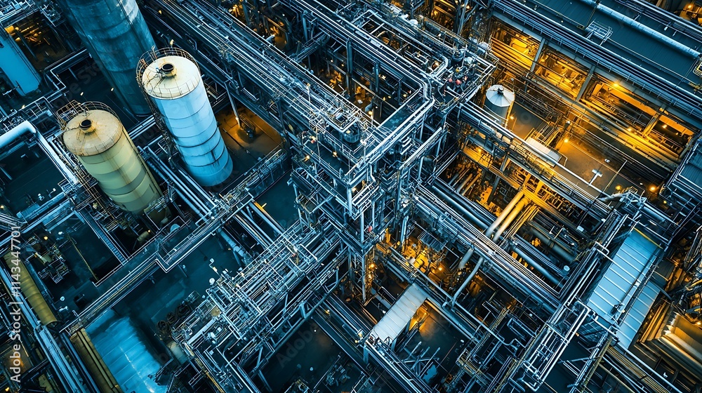 Industrial Refinery Complex, Aerial View. Concept of Manufacturing, Industry, and Technology. Industrial Refinery Complex, Aerial View. Concept of Manufacturing, Industry, and Technology.