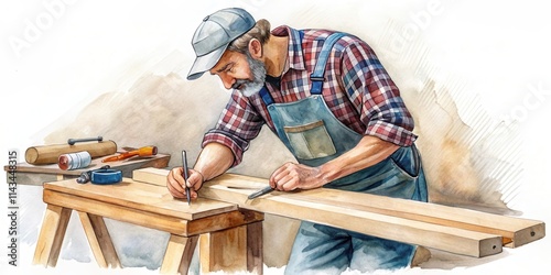 Watercolor sketch of a carpenter joiner working on a craft , carpenter, joiner, craft, woodworking, tools, hammer, saw