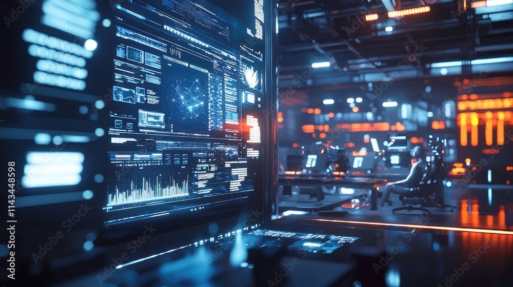 Fototapeta premium A futuristic workspace featuring a diverse group of professionals collaborating on machine learning algorithms, immersed in data visualizations on screens, with a bright