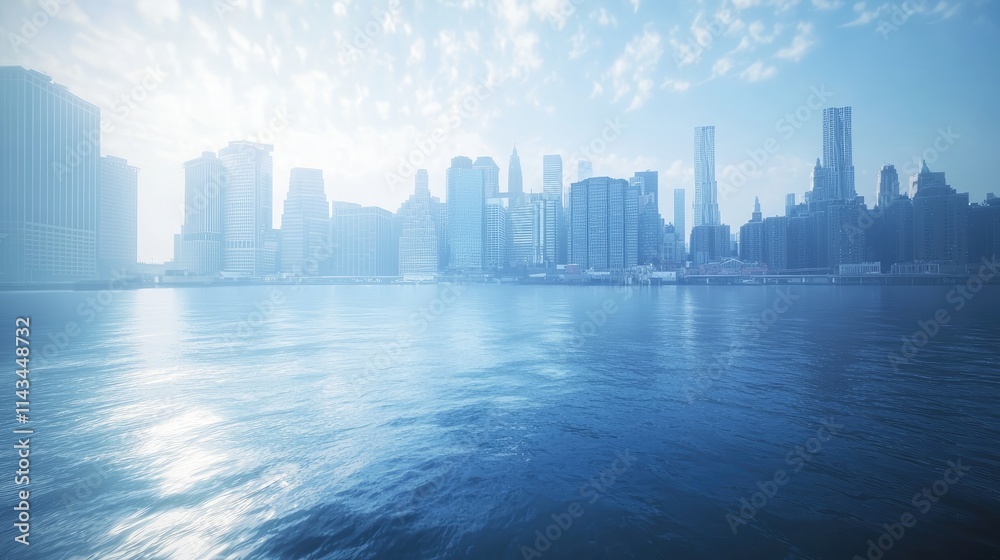 An urban skyline merges with a flowing river, capturing the vibrant shades of blue and grey in a dreamy atmosphere. An urban skyline merges with a flowing river, capturing the vibrant shades of blue and grey in a dreamy atmosphere.