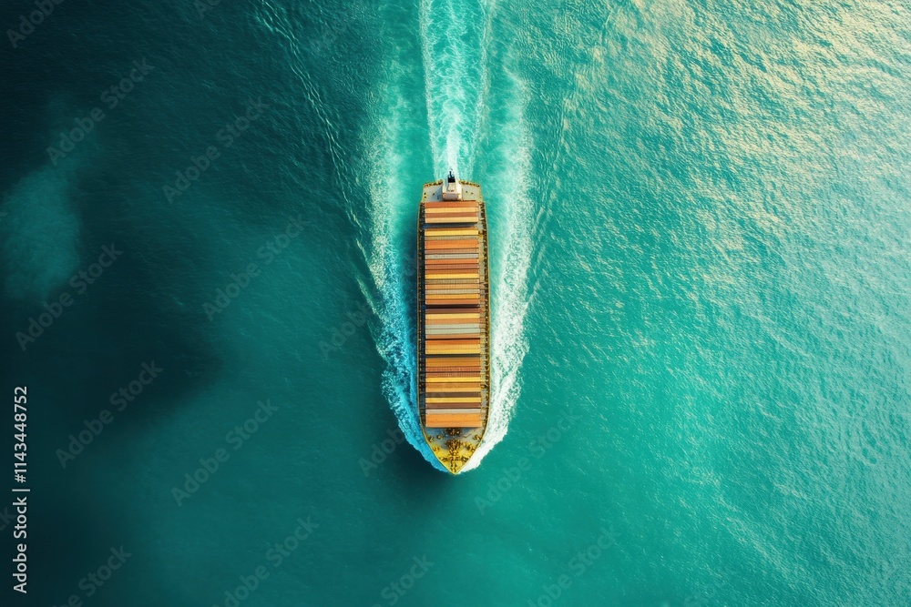 Aerial view of a cargo ship sailing on turquoise water, leaving a white wake. Illustrates global trade, shipping, and maritime transport. Aerial view of a cargo ship sailing on turquoise water, leaving a white wake. Illustrates global trade, shipping, and maritime transport.