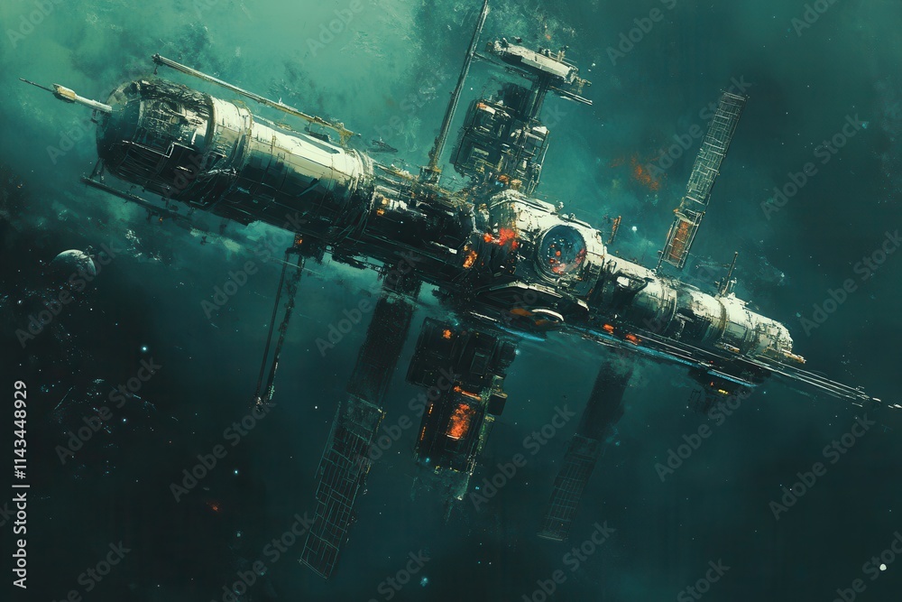 Futuristic Spacecraft Station Orbiting a Distant Planet with Vivid Colors and Intricate Design, Captured in Deep Space with Astounding Cosmic Elements