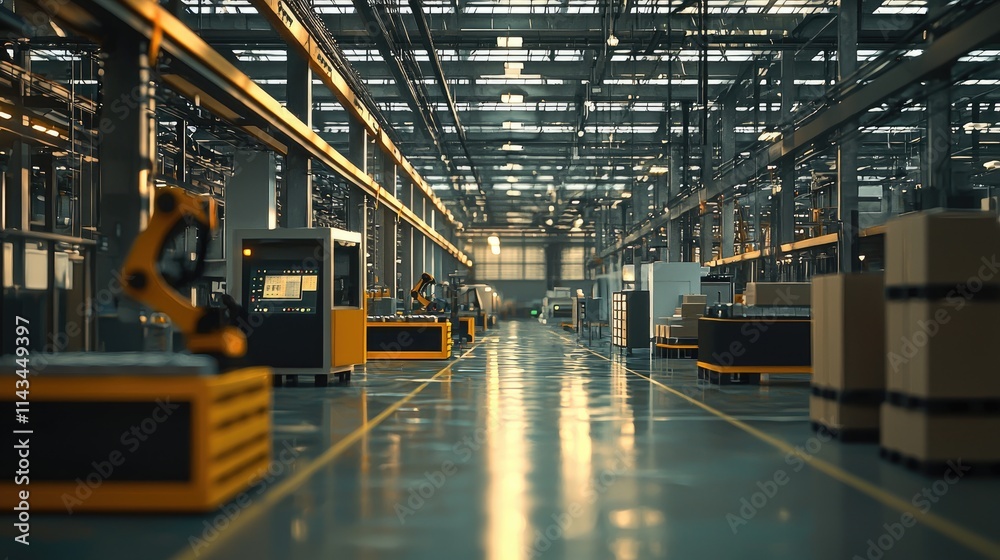 A high-tech automated factory with robotic machines assembling products efficiently in a spacious, bright environment, emphasizing automation and precision. A high-tech automated factory with robotic machines assembling products efficiently in a spacious, bright environment, emphasizing automation and precision.